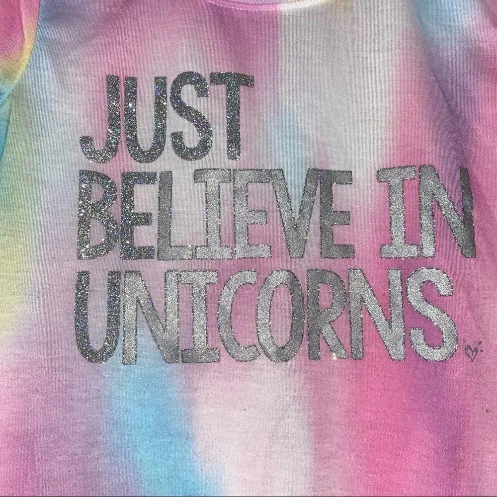 Justice pastel colored just believe in unicorns short sleeve top sz 7 girls